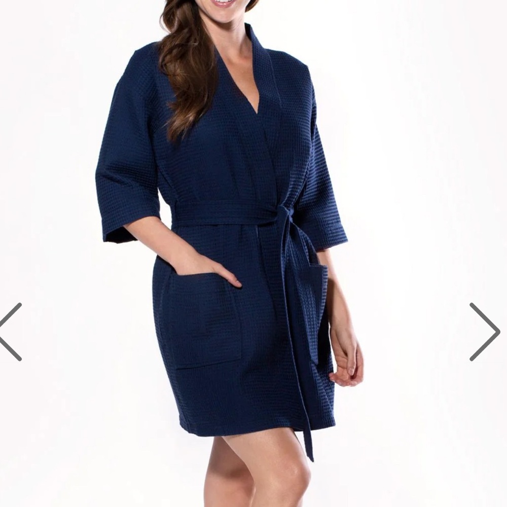 Blue Satin Wrap Robe with Tie Belt and Lapel Collar